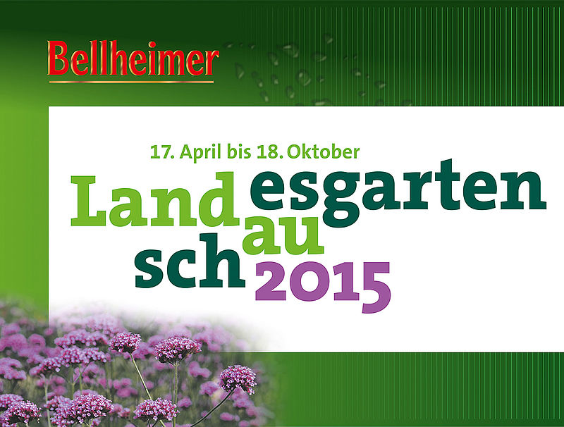 Logo der Landesgartenschau Landau 2015 vor blühenden Blumen