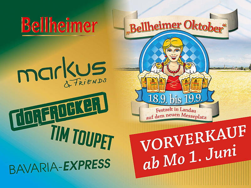 Plakat zum Vorverkauf des Bellheimer Oktober mit Markus & Friends, Dorfrocker, Tim Toupet und Bavaria-Express