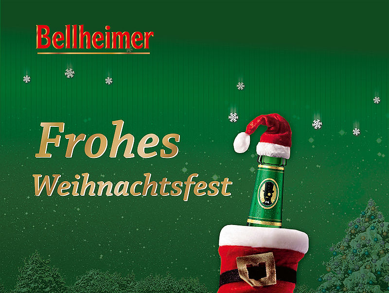 Weihnachtsgruß „Frohes Weihnachtsfest“ mit einer Flasche Bellheimer Lord Pils mit Nikolausmütze im Nikolausstiefel