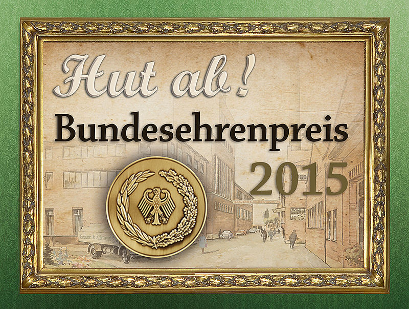 Medaille des Bundesehrenpreises 2015 mit Schriftzug „Hut ab!“