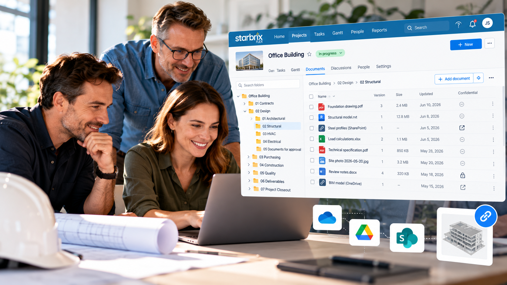 Starbrix Flex project document management with folders, version control, task documents and links to external document systems.
