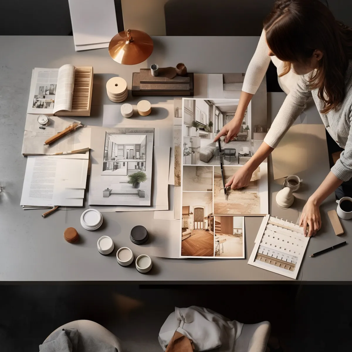 Person arranging architectural design plans and color samples on a table.