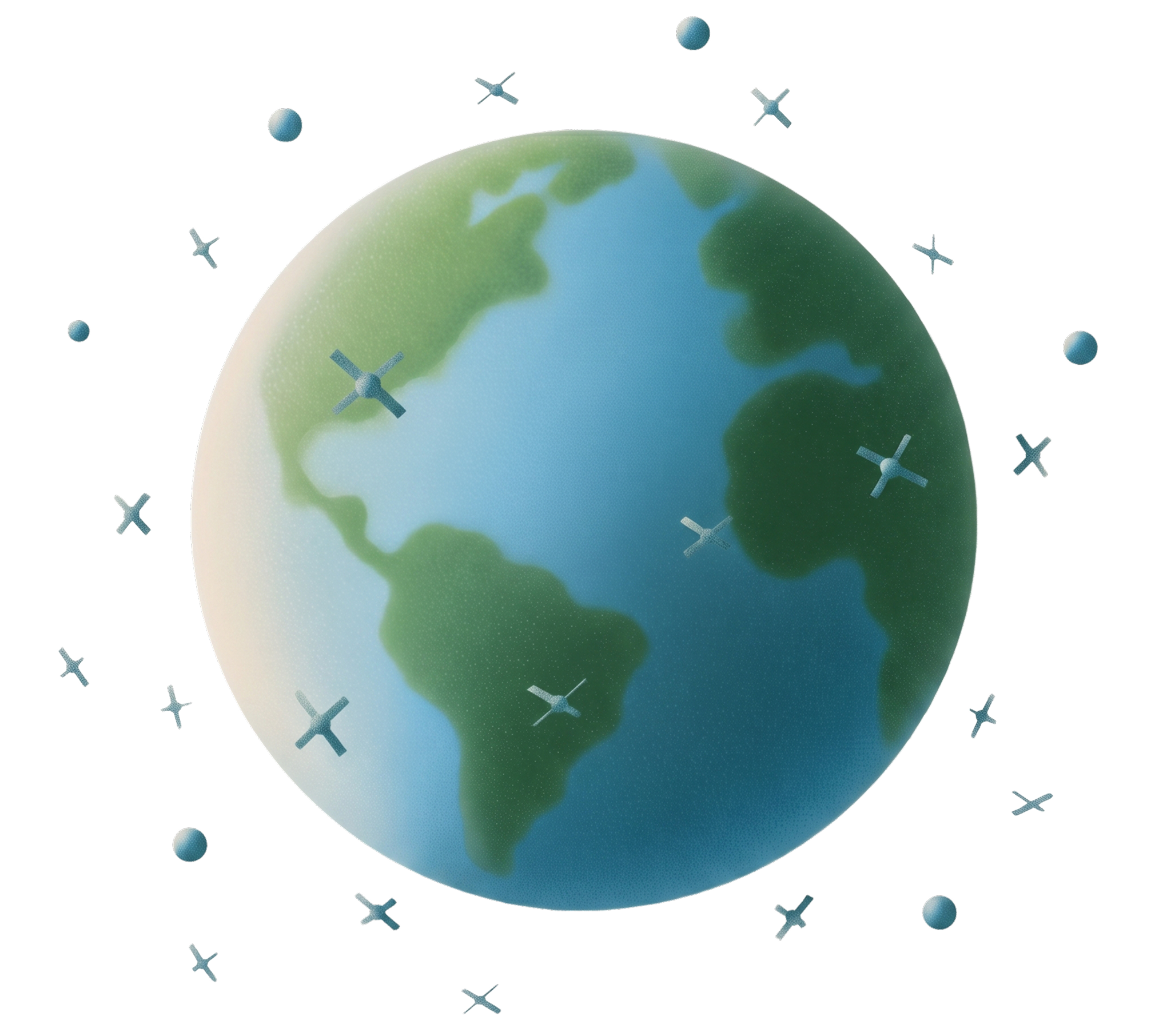 Illustration of Earth showing Americas with satellites orbiting around it.