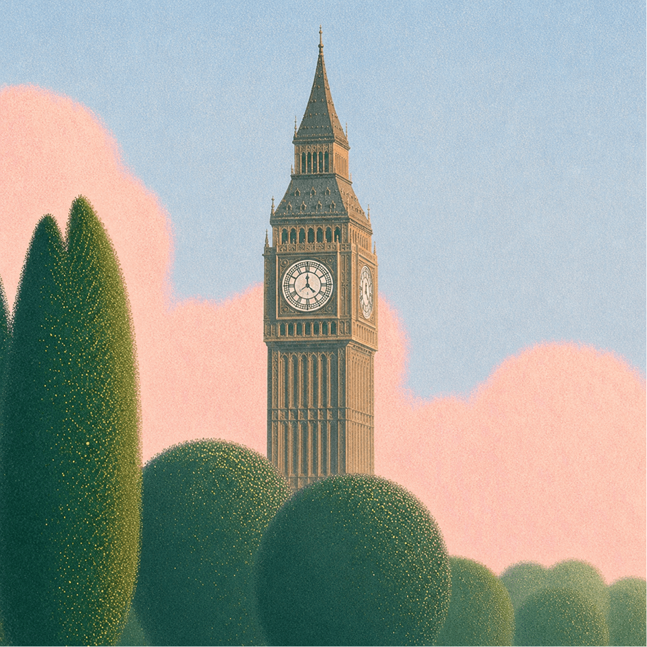 Big Ben clock tower behind green topiary trees and bushes under blue sky with pink clouds.