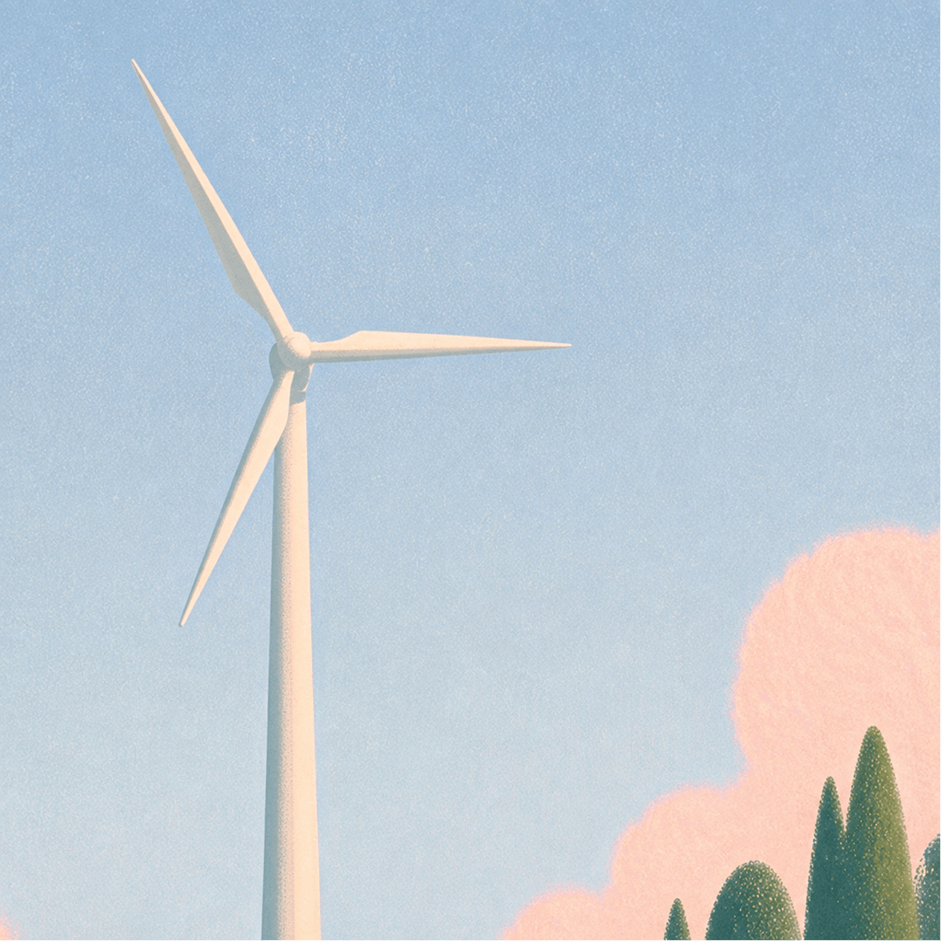 A tall white wind turbine against a blue sky with pink clouds and green trees below.