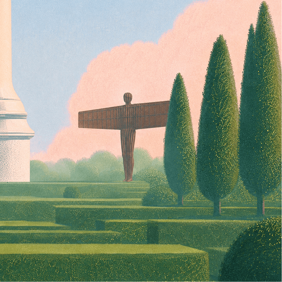 The Angel of the North statue standing near green hedges and tall conical trees under a blue sky.