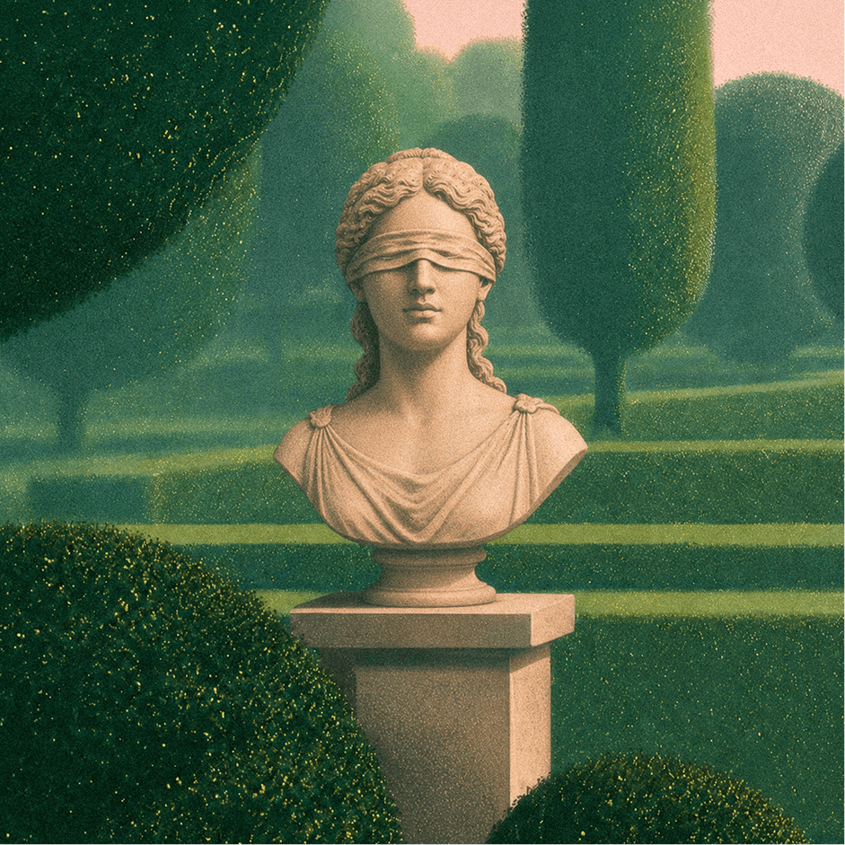 Bust statue of a blindfolded woman with curly hair in a manicured garden with trimmed bushes and trees.
