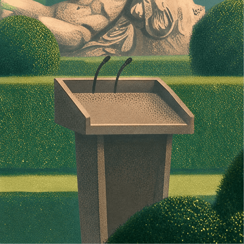 Empty stone podium with two microphones in front of trimmed green hedges and a sculpted stone background.