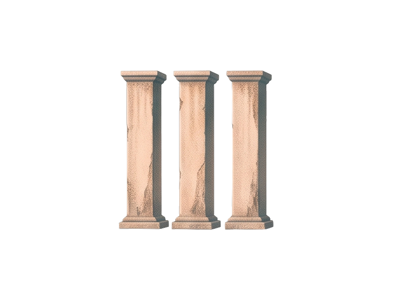Three beige classical stone columns standing side by side with weathered texture.
