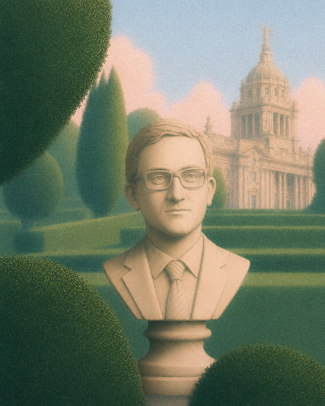 Stone bust of a man wearing glasses, a suit, and a tie, set outdoors among green manicured bushes and trees with a classical building featuring a dome and statue in the background under a blue sky with pink clouds.