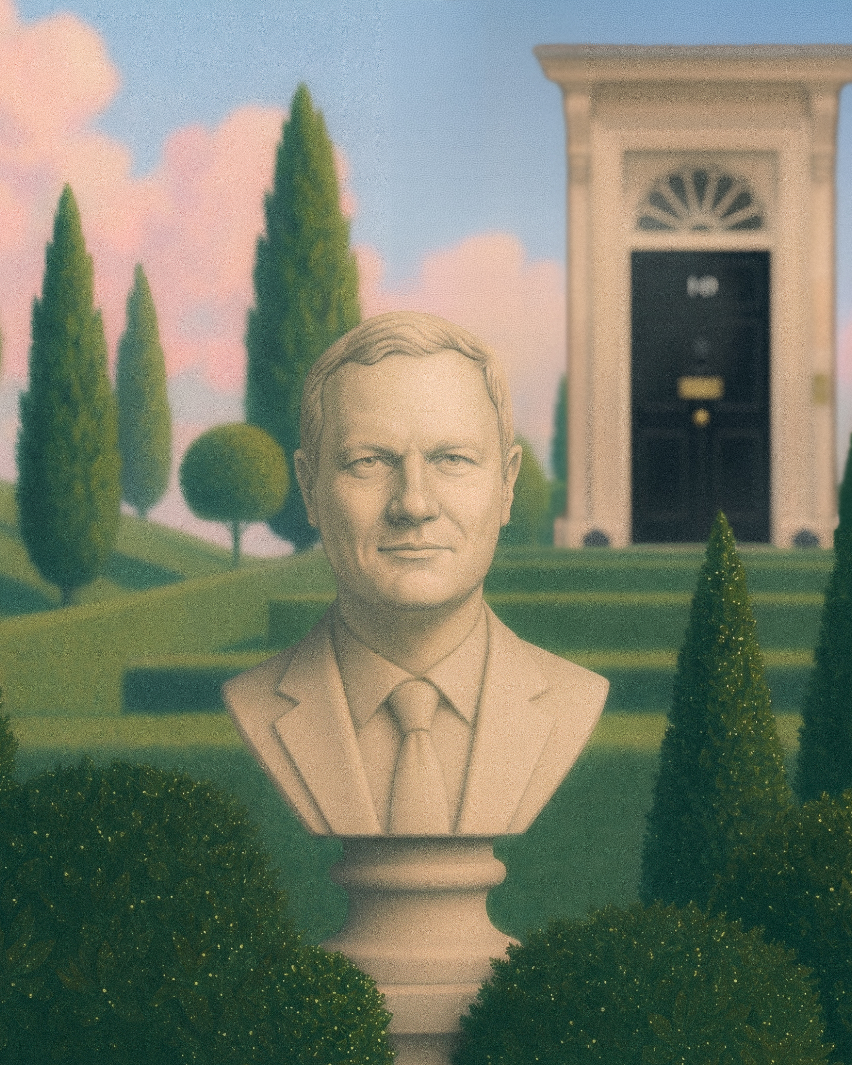 Bust sculpture of a man in a suit and tie positioned in a manicured garden with trimmed bushes and tall trees, with a white building featuring a black door in the background under a blue sky with pink clouds.