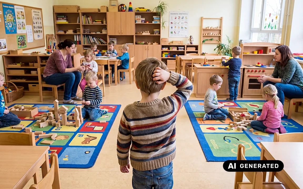 Przedszkolak drapiący się po głowie