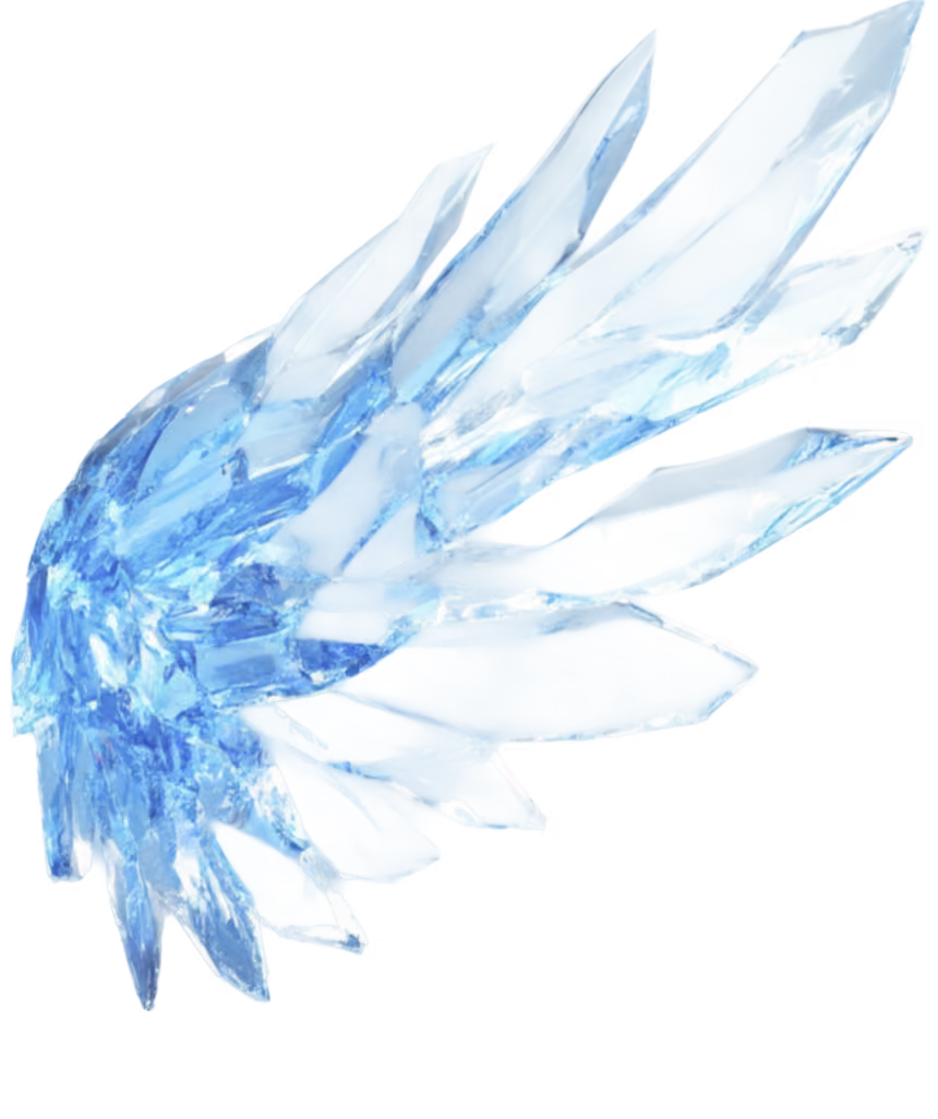 Shiny translucent ice crystal shaped like a stylized wing with sharp, pointed feathers, mirrored to the right.