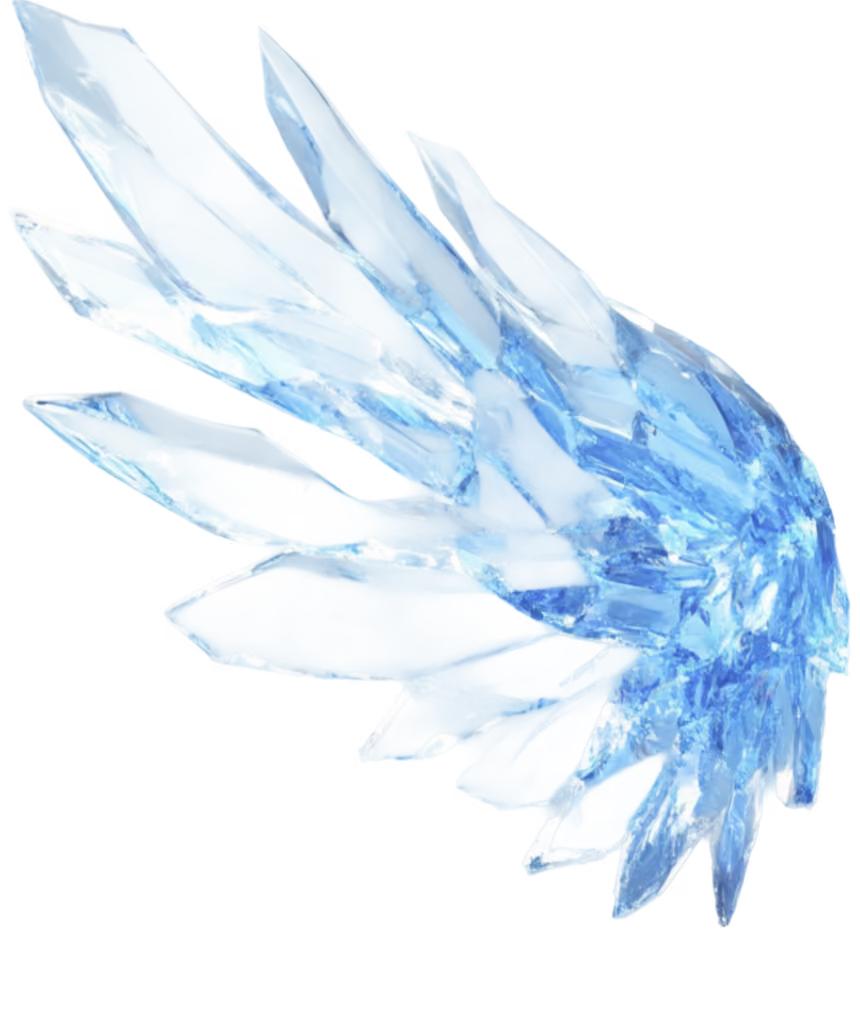Shiny translucent ice crystal shaped like a stylized wing with sharp, pointed feathers.