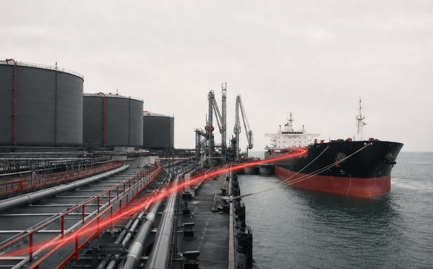 Large black and red oil tanker docked at terminal near multiple storage tanks with pipeline infrastructure.