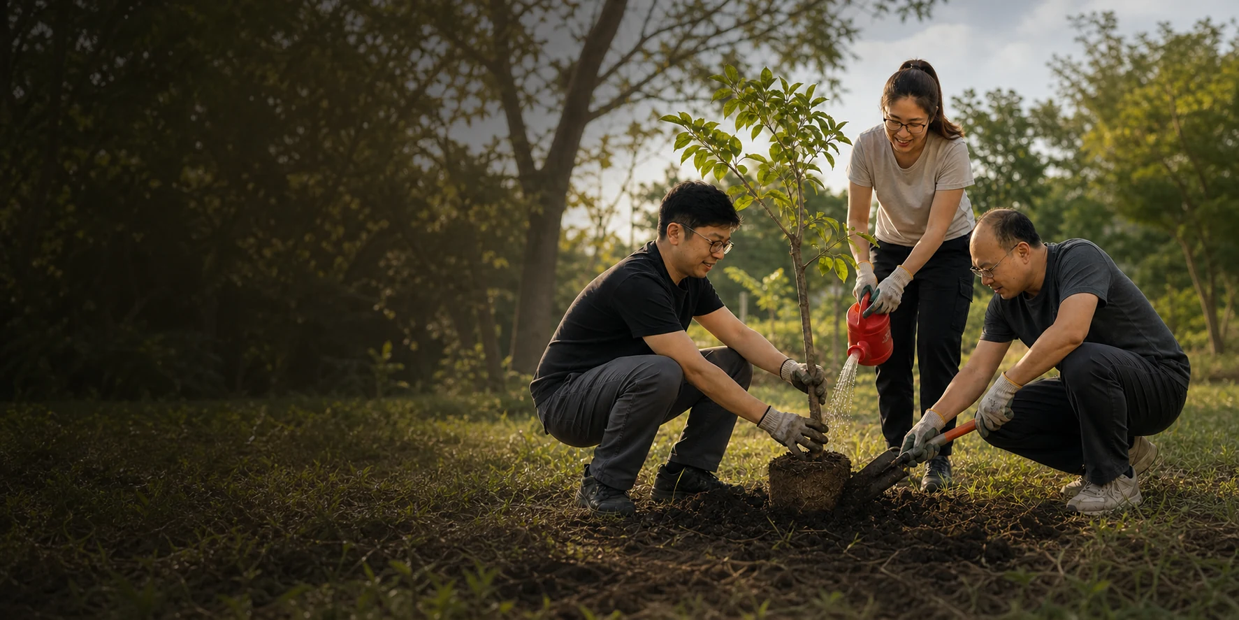 Three people planting a young tree together in a park during daytime.
