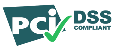 Logo with the text 'PCI DSS Compliant' featuring a green checkmark integrated with the letters.