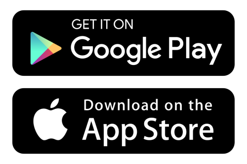 Two black rectangular buttons: the top says 'Get it on Google Play' with the Google Play triangle logo in color; the bottom says 'Download on the App Store' with the white Apple logo.