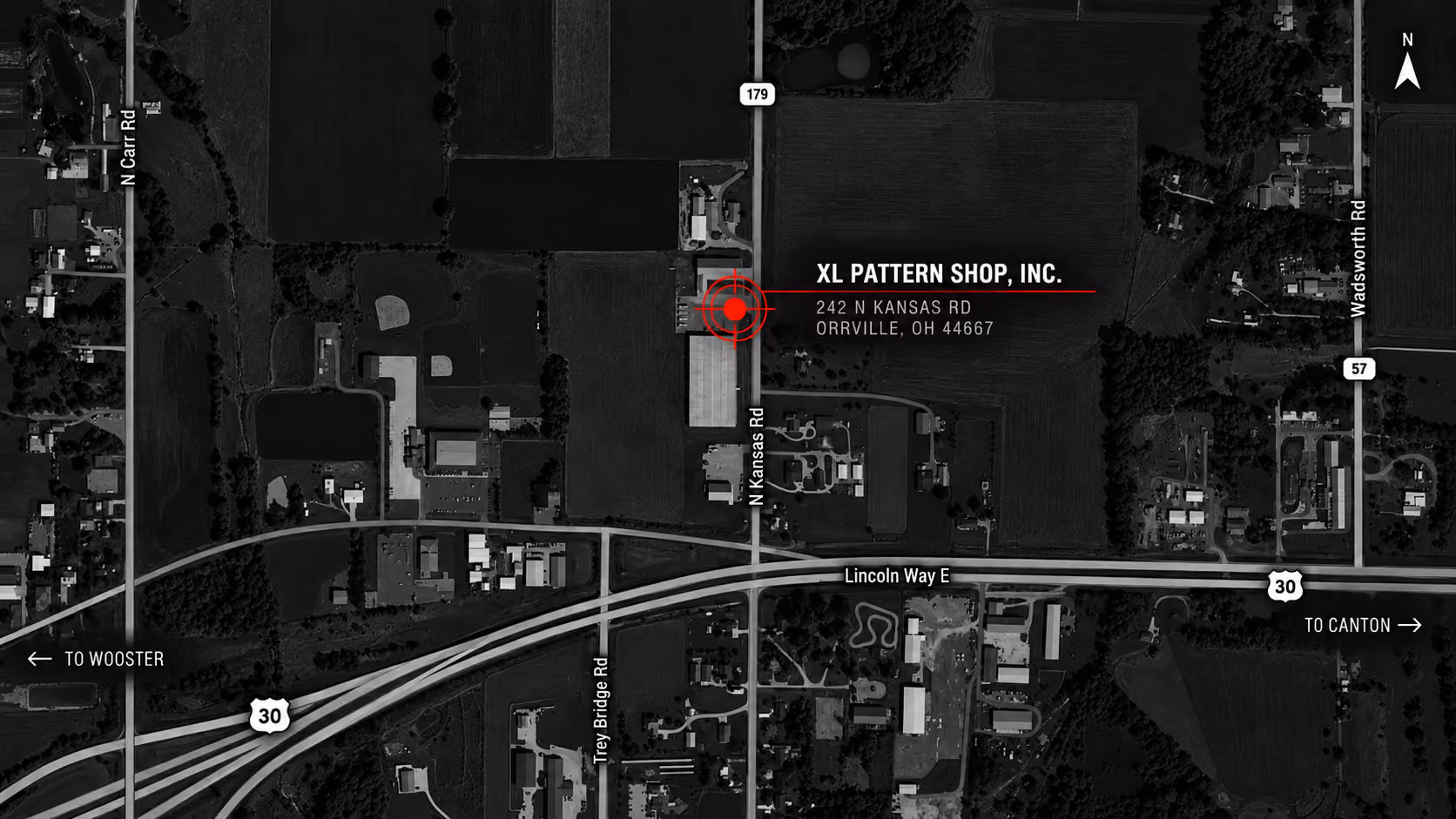 Map showing XL Pattern Shop at 242 N Kansas Rd in Orrville, Ohio, near US Route 30.