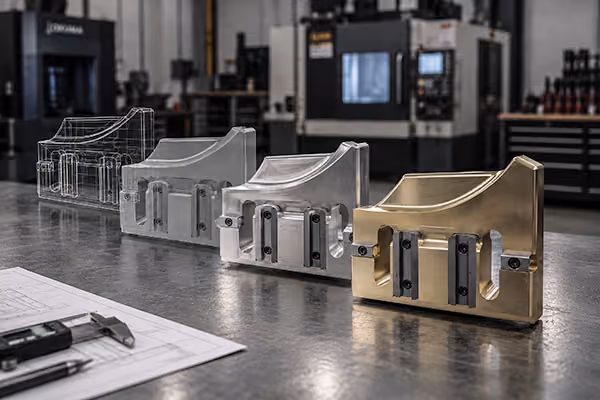 Prototype machining design iterations showing progression from CAD model to finished precision-machined component.