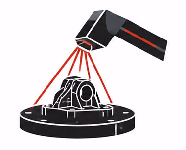 Laser scanning icon showing a 3D scanner capturing the surface of a precision-machined component.