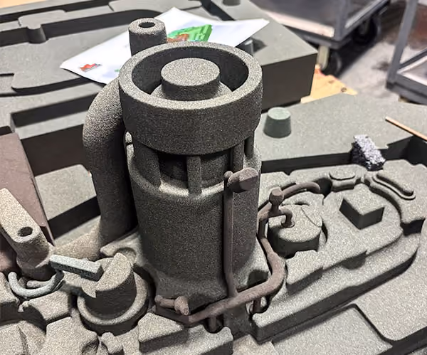3D printed sand mold with complex integrated geometry for precision metal casting.
