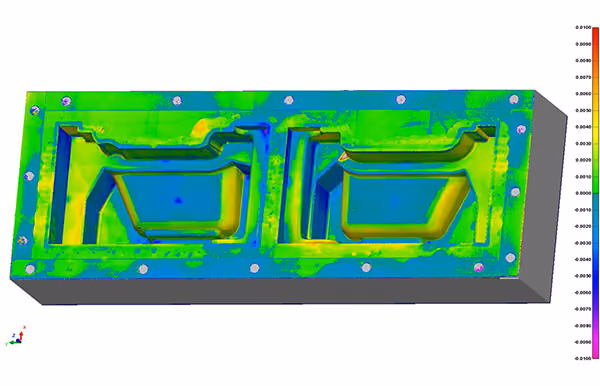 3D color map analysis of foundry tooling for dimensional verification and wear inspection.