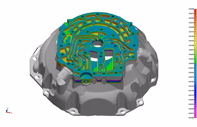 3D color map inspection of a metal casting for dimensional accuracy and deviation analysis.