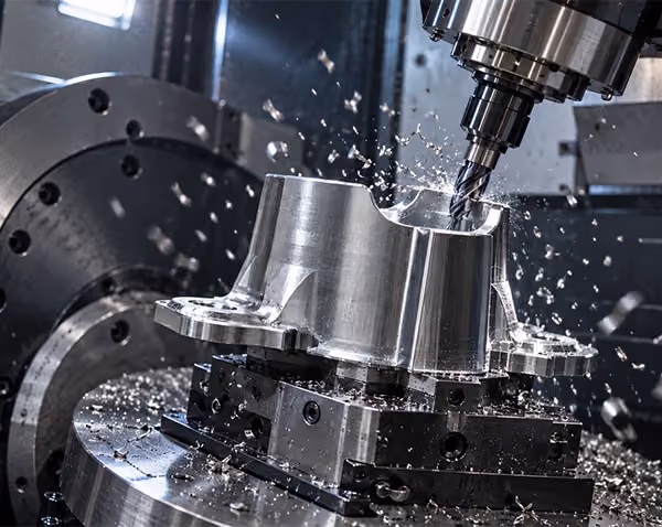 5-axis CNC machining recreating a reverse-engineered metal component with precision cutting and flying chips.