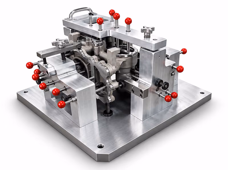 Custom precision fixture assembly with machined aluminum components and red clamping handles isolated on a white background.