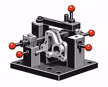 Custom purpose-built fixture holding a precision component with multiple adjustable clamps and locating points.