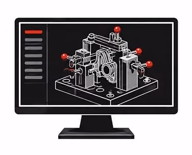 CAD display showing a custom fixture design with precision locating and clamping components.