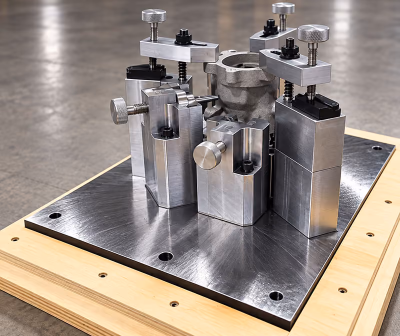 Check and inspection fixture with adjustable clamps and precision-machined components mounted on a steel base plate.