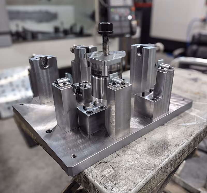 Custom machining fixture with adjustable clamps and precision-machined components mounted on a steel base plate.