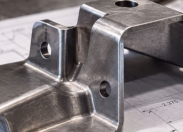 Close-up of a formed metal part with mounting holes positioned over an engineering drawing for fixture design.
