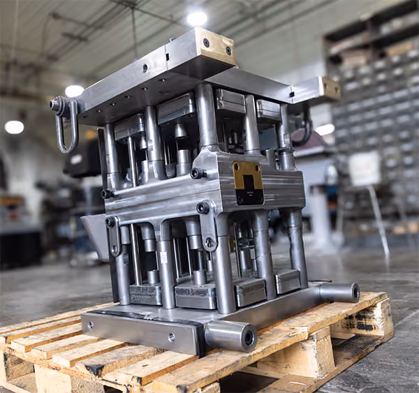 Finished custom fixture assembly built in-house and ready for use in a manufacturing application.