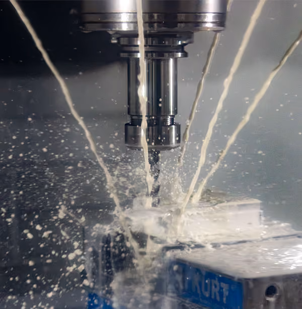 CNC machining tool cutting a complex metal component under high-pressure coolant.