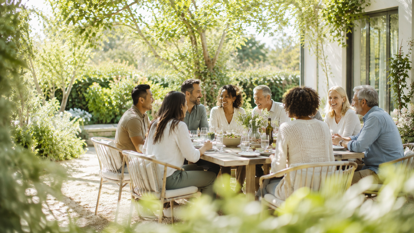 A group of adults of mixed ages sitting around a long wooden table in a sunlit garden, talking over a shared meal. Trees and planting surround them, and a house with large glass doors stands to the right.
