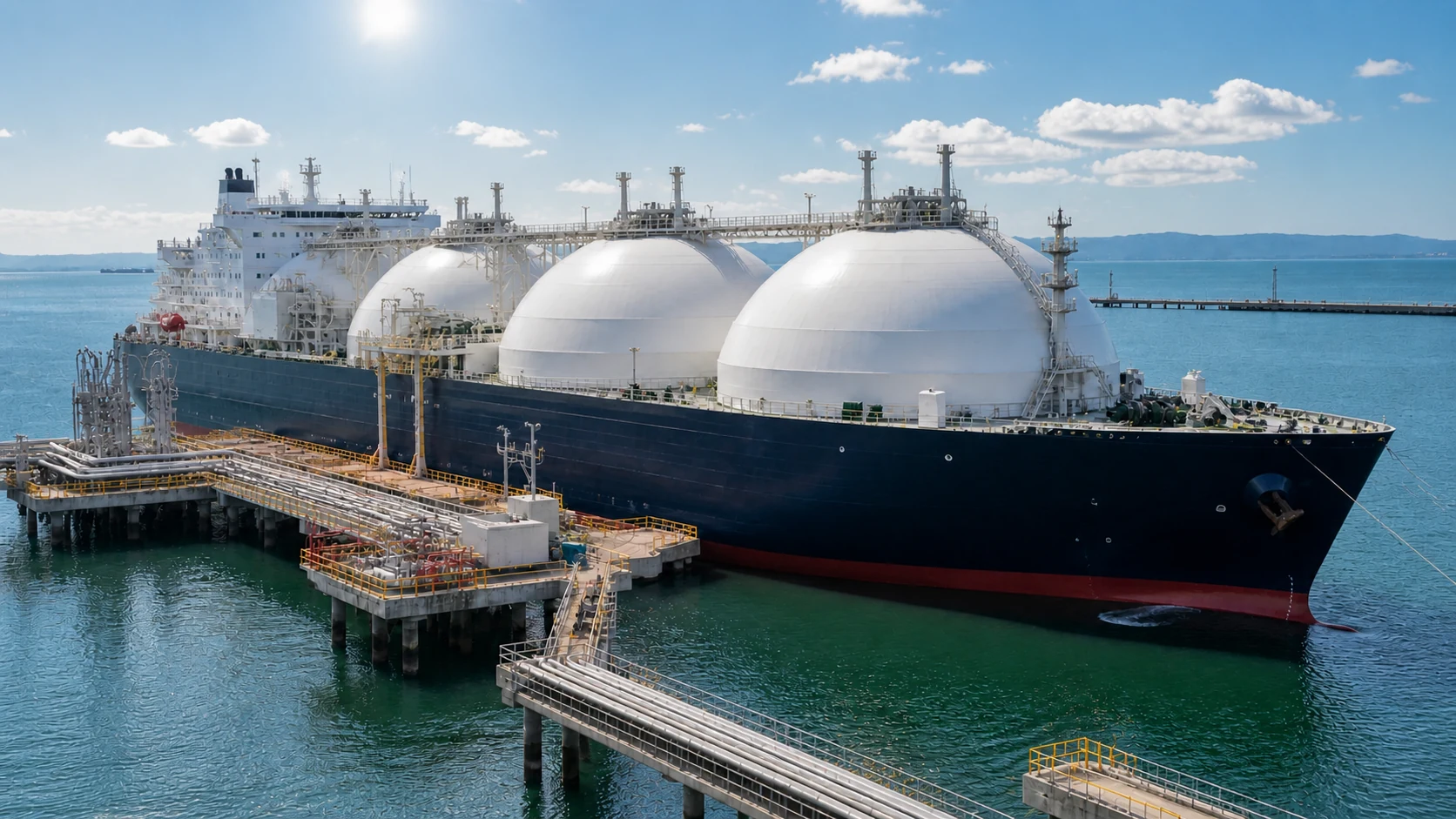 LNG carrier berthed at a coastal energy terminal