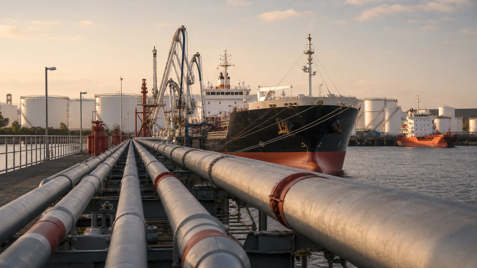 Refined petroleum products terminal with tanker and transfer pipelines