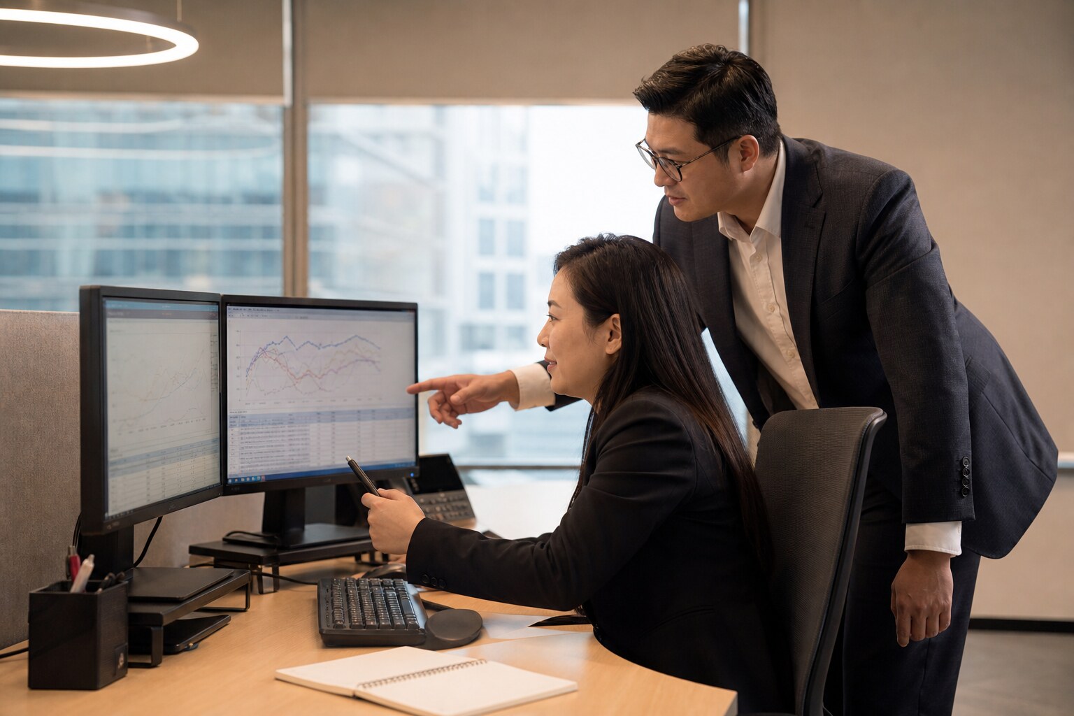 Meridian Energy colleagues reviewing refined products market data in an office