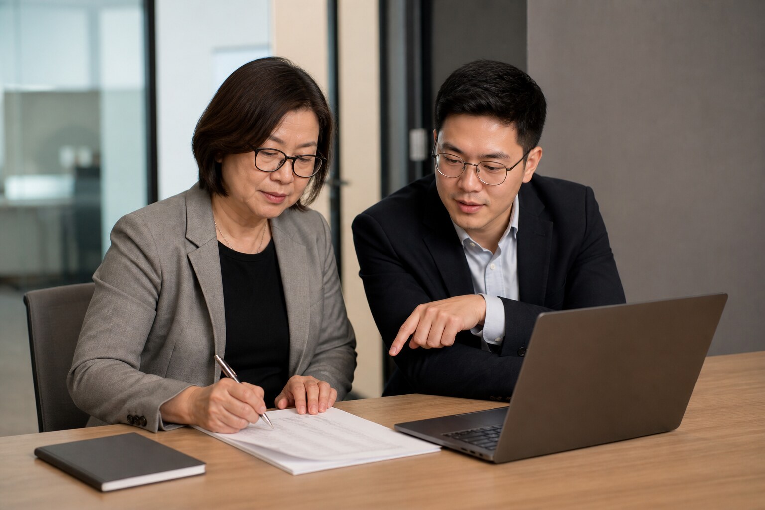 Meridian Energy colleagues reviewing biofuels traceability records in an office