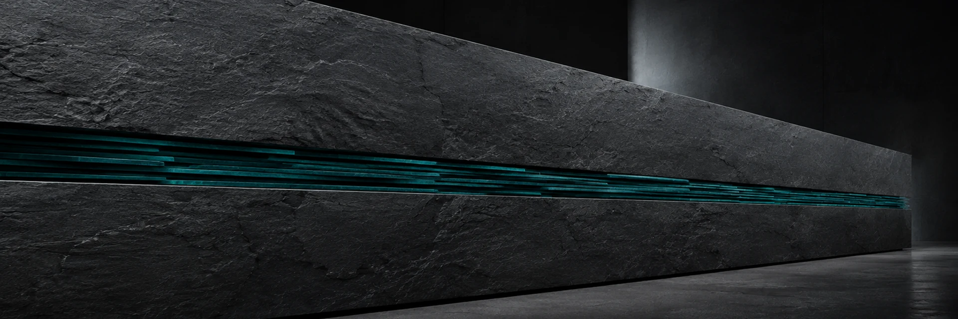 Horizontal graphite evidence seam with a restrained teal interior line, representing verified structure revealed within complexity.