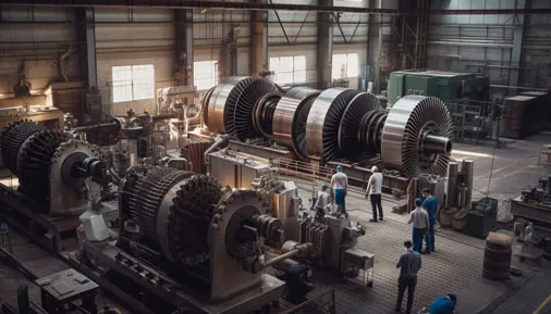 Metal workers operating automated equipment in a factory