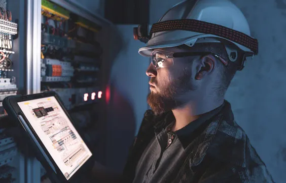 Electrician working on a switchboard using a tablet