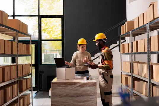 Warehouse employee analyzing logistics goods
