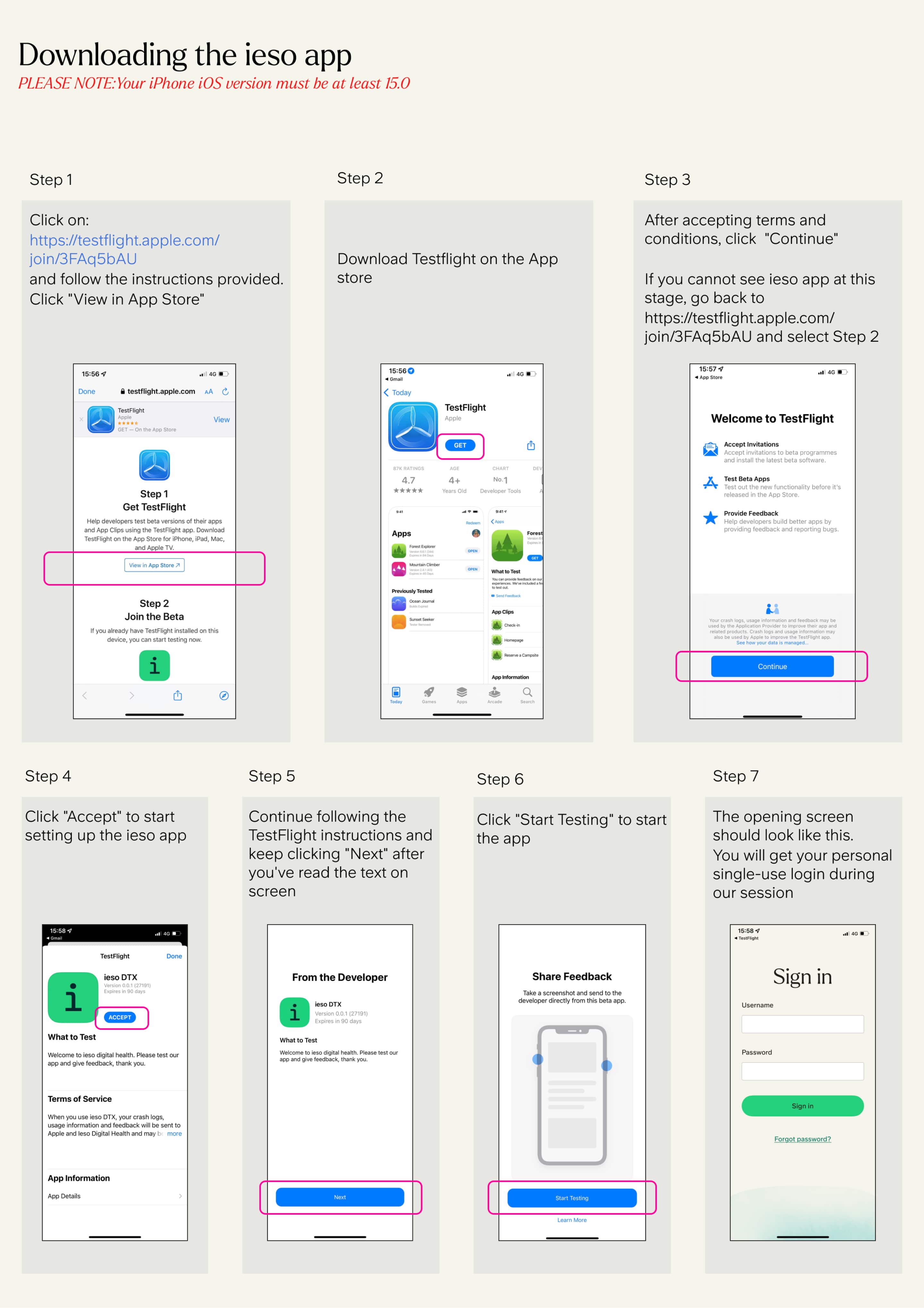 Instructions with screenshots for how to download the ieso app on your iPhone iOS. 