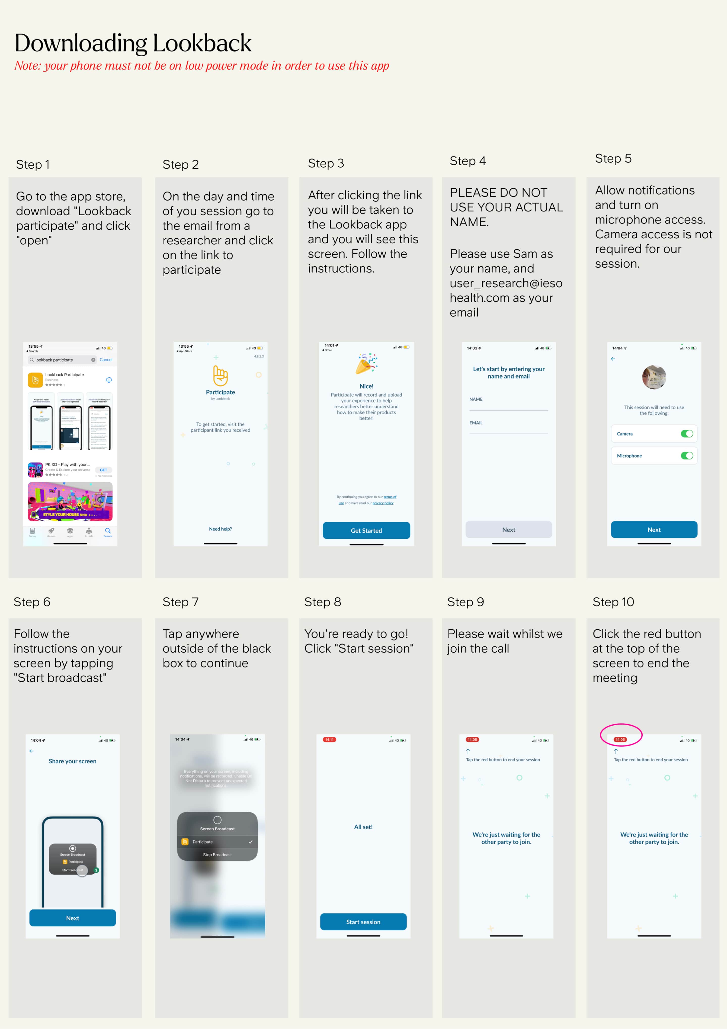Downloading the Lookback app instructions with screenshots. 