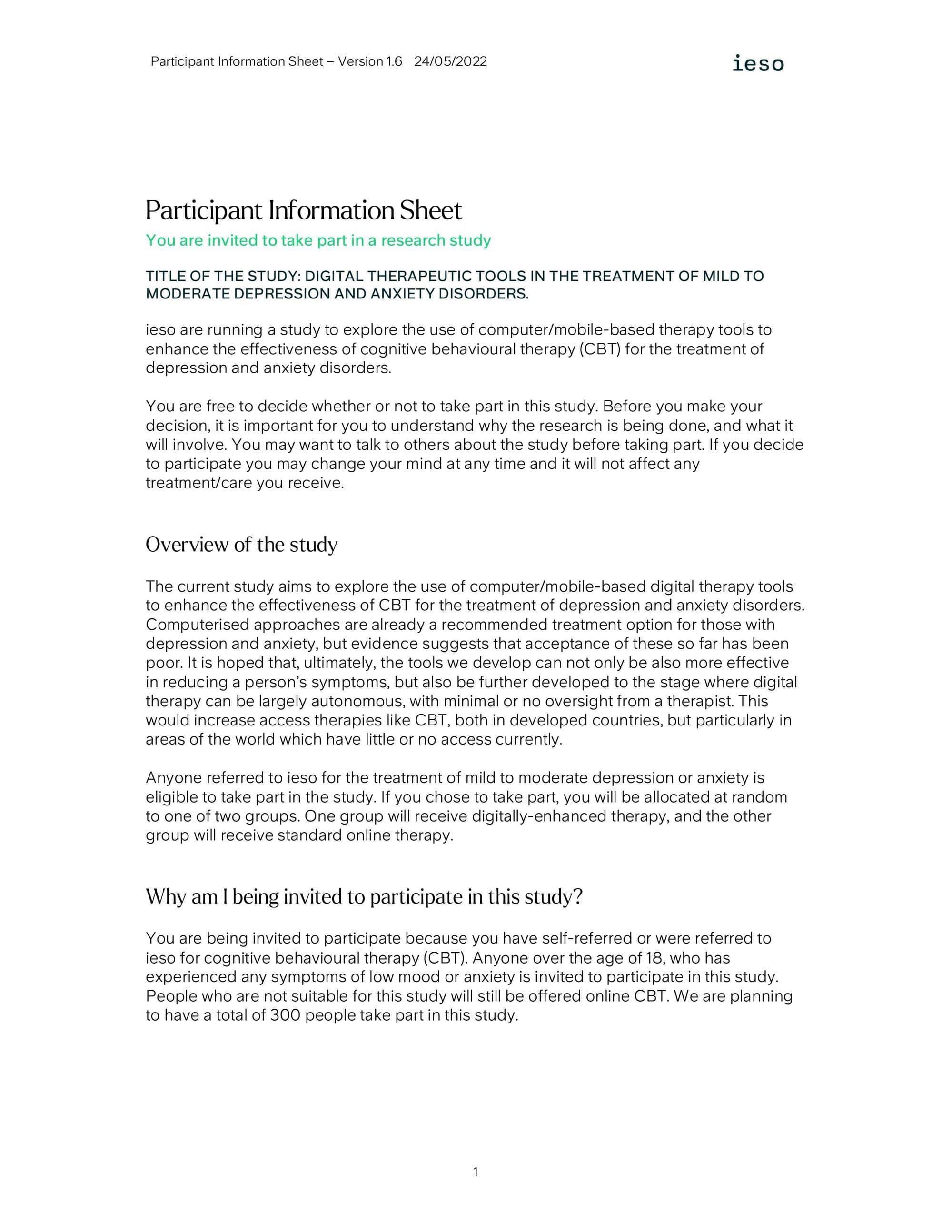 Page 1 of the participant information sheet