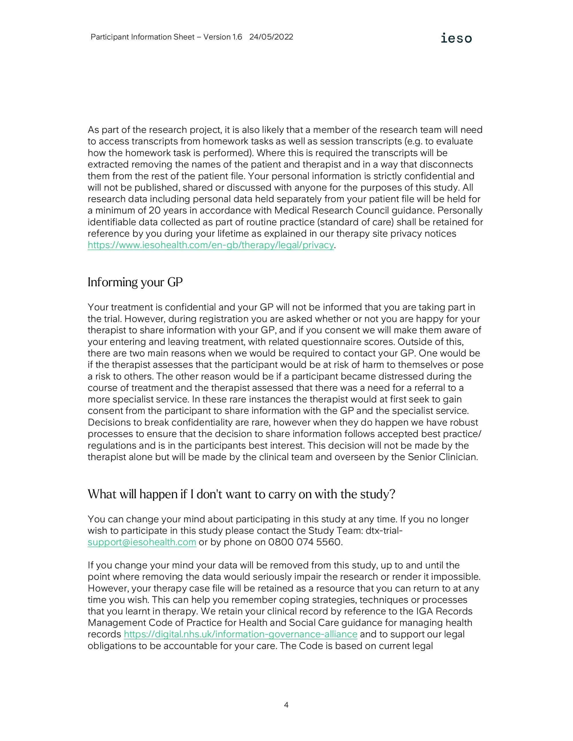 Page 4 of the participant information sheet